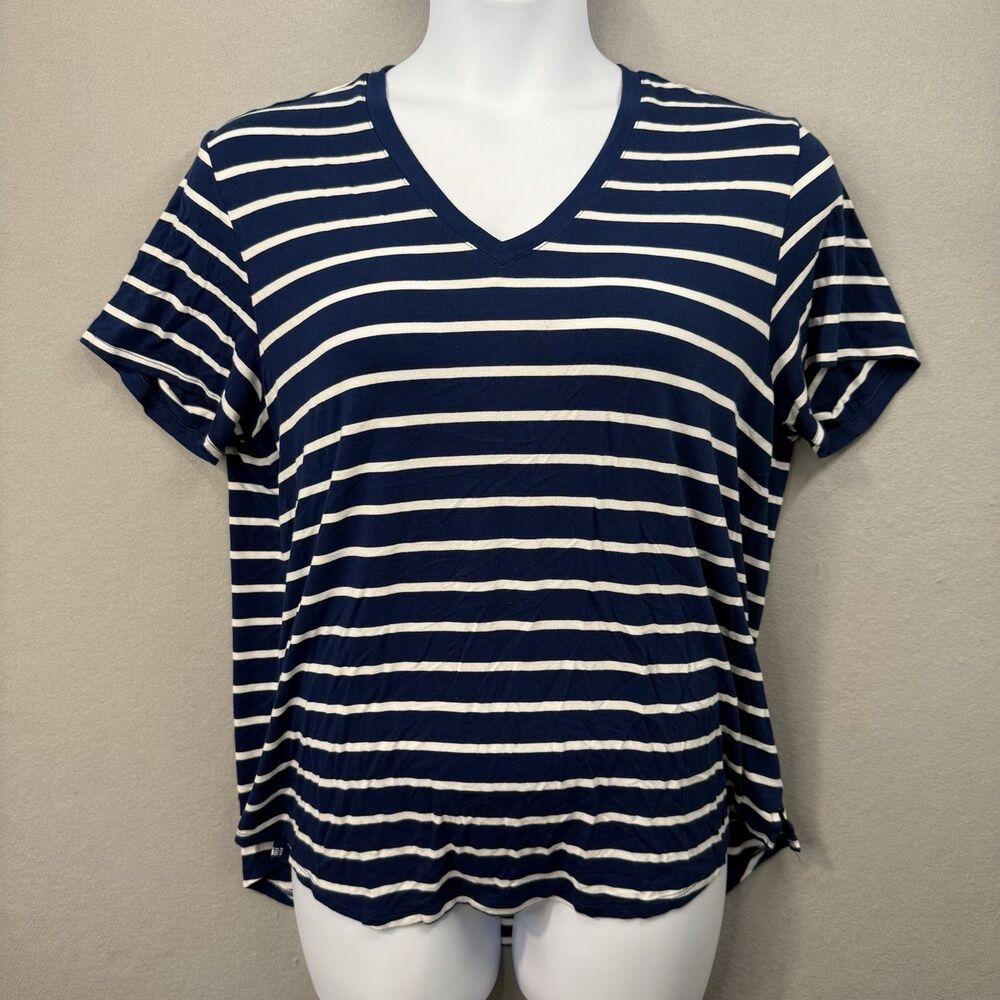 GAP Women’s T-shirt Blue White Striped Short Sleeve Casual XL V Neck Shirt Top